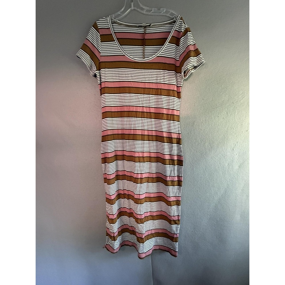 LOFT Dress Womens M Multicolor Stripe Scoop Neck Short Sleeve Midi Jersey Ribbed